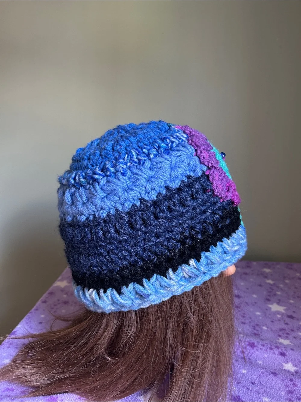 Crocheted Blue & Purple Flower Beanie medium acrylic beanie